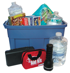 Picture of a Plastic Tote with First Aid Kit, Water and Other Preparedness Items