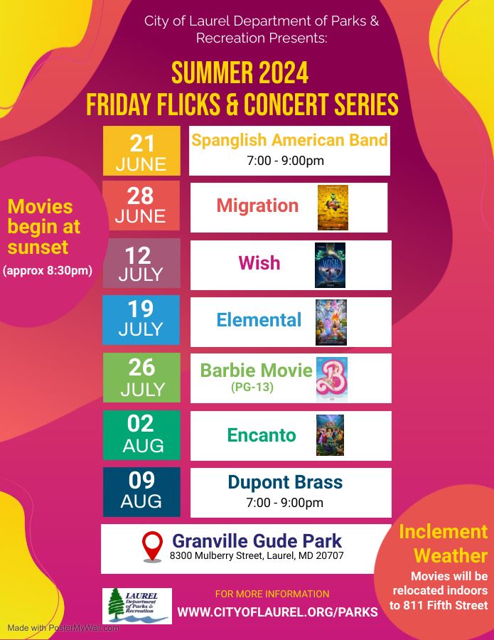 A flyer for our Friday Flicks and Concerts in the Park for the summer of 2024.