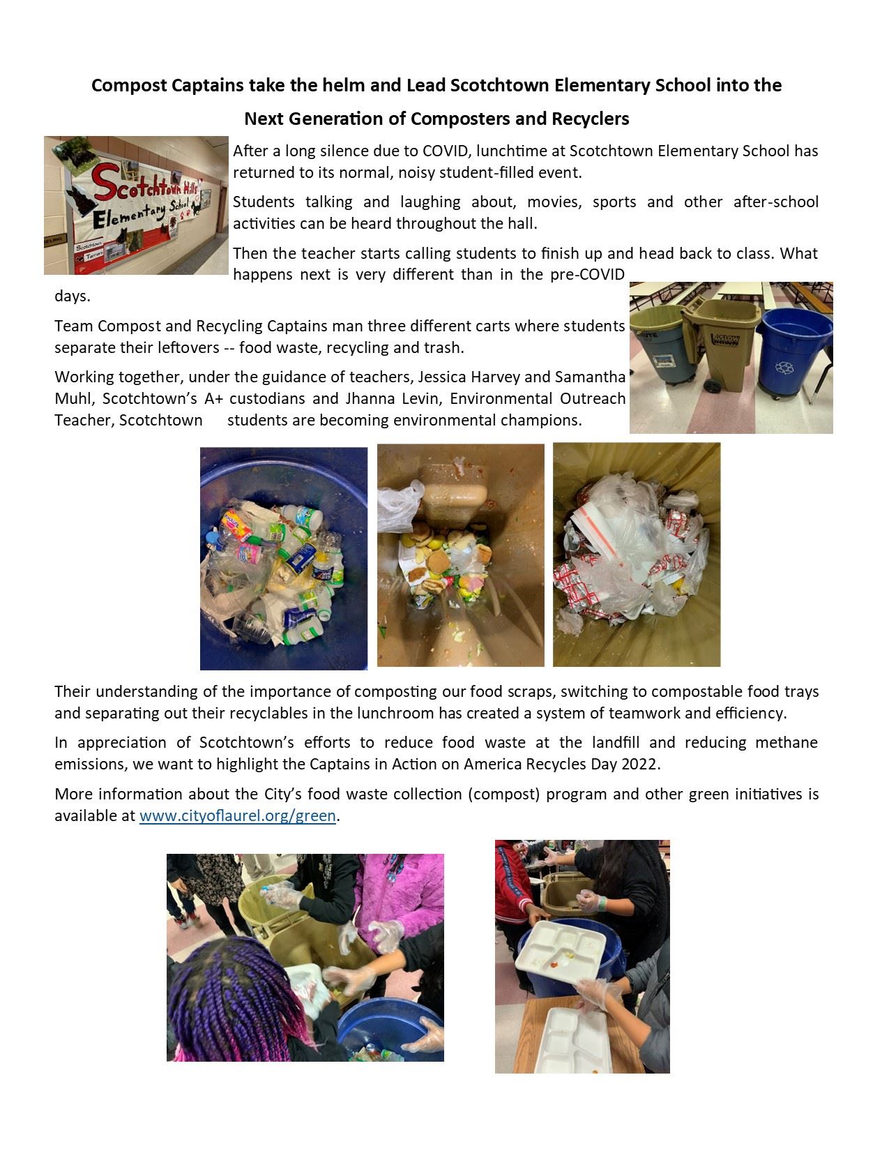 Article, with photos, of the Compost Captains at Scotchtown Hills Elementary composting  lunch meals